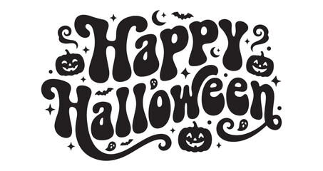 Retro happy halloween groovy typography silhouette lettering design © Takia