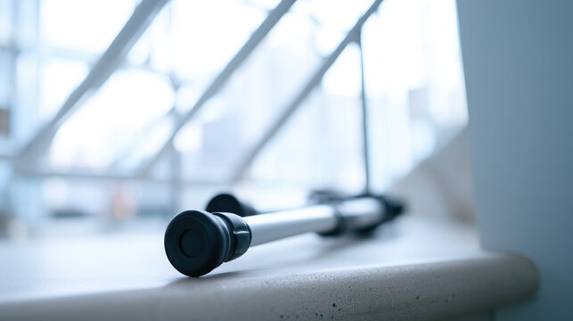 Underarm crutch office stair closeup rubber tip on concrete step in bright natural light with soft shadow and blurred modern interior