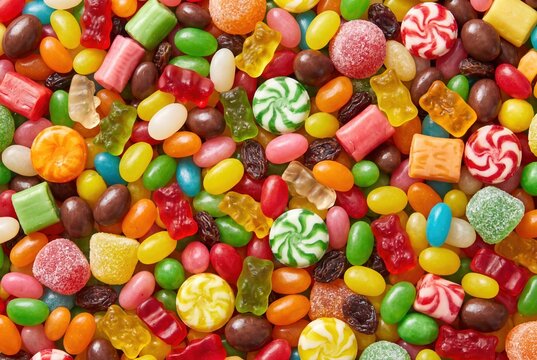 Mixed assorted candy sweets and gummy bears vibrant colorful texture