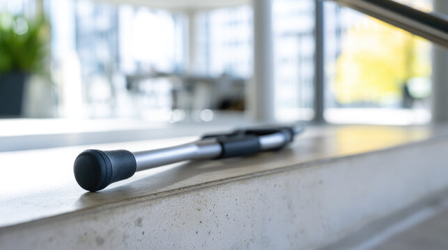 Underarm crutch rubber tip aluminum shaft office stair concrete step close up shallow depth natural light modern interior blurred background