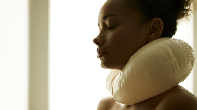 Neck traction collar woman side view profile inflatable soft collar neck support cervical support medical device healthcare treatment relaxation calm closed eye jawline posture skin smooth skin