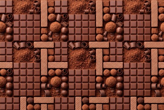 Chocolate assortment pattern dark truffles bars cocoa powder flat lay