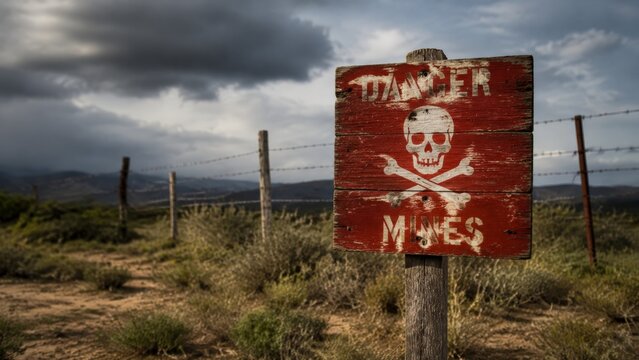 Weathered red wooden danger mines sign with painted skull and crossbones on a post behind barbed wire fence in a scrubby rural landscape under stormy, underscoring the danger sign