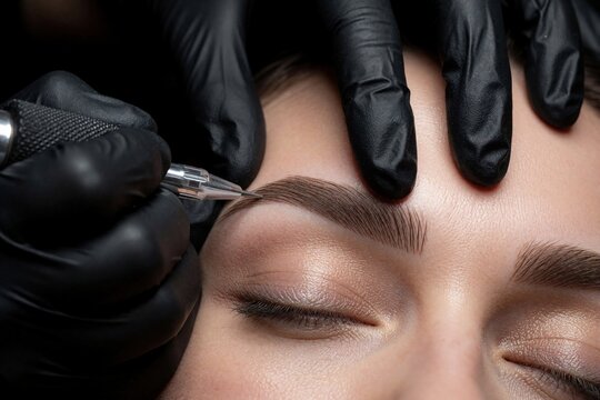 Cosmetologist applies permanent makeup on woman eyebrow using tattoo machine. Specialist works on brow shape for client at beauty salon. Close-up face procedure with needle.
