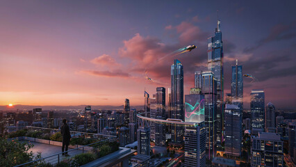 Obraz premium Modern city skyline with tall buildings and a helicopter flying at sunset