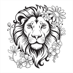 Obraz premium Elegant Lion Portrait with Flowers Coloring Page for Printable Animal Coloring Book