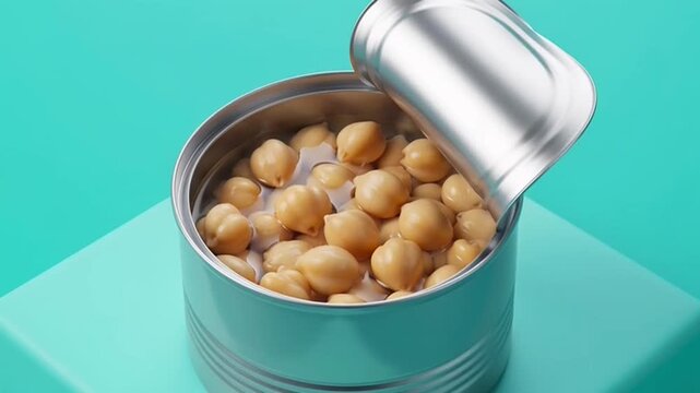 Open Tin Can Filled With Nutritious Chickpeas on a Bright Turquoise Background.