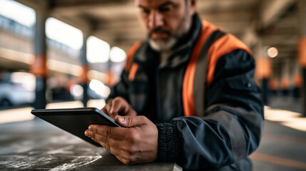Obraz premium Medium shot of a cropped european structural engineer using a tablet to document fine damage marks on parking garage columns softly blurred clean beams and slabs behind bright