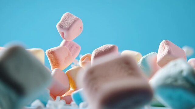 Colorful marshmallows falling in slow motion against a vibrant blue background, creating a playful and sweet candy cascade, perfect for dessert and confectionery concepts