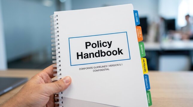 Hand holding white spiral bound corporate policy handbook with colorful dividers inside a professional office setting