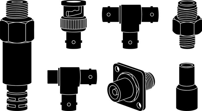 Electronic RF BNC Connector and Coaxial Adapter Vector Icon Set with T Shaped Coupler Panel Mount and Threaded Plug Symbols for Telecommunications Engineering Designs