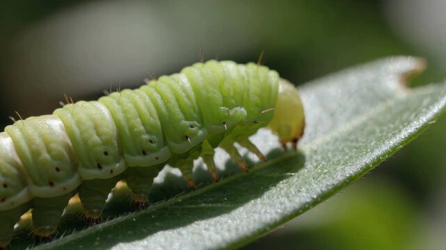 Detailed macro view of a bright green caterpillar crawling on a leaf, showing its segmented body and prolegs as it moves slowly across the vibrant green foliage