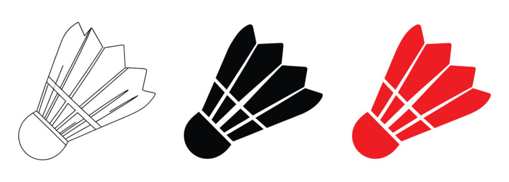 Badminton shuttlecock icon set, outline, solid black and red sports equipment vector illustration. Professional feather shuttle icons in clean modern styles for sports branding, fitness graphics