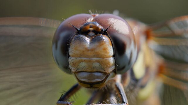 Dragonfly with large compound eyes chewing in extreme macro detail, showcasing its intricate insect anatomy, beautiful faceted vision and powerful mandibles in nature