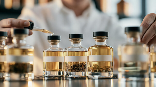 Distillery worker measures whisky into s 2