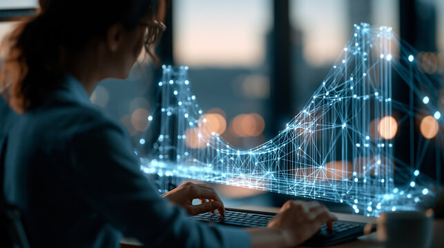 Faceless rear view of a european female civil engineer analysing a bright complex holographic model of a suspension bridge with glowing structural load points clean modern office