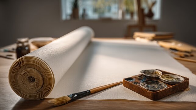 Close up view of blank rolled canvas with brush and paint palette on wooden table