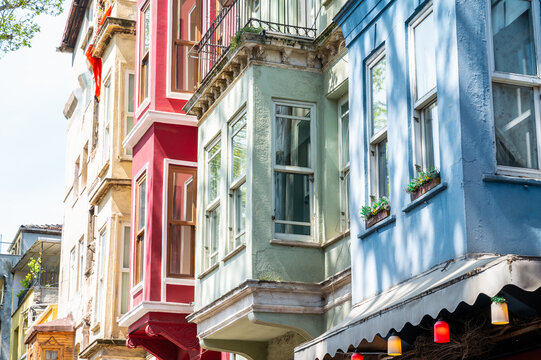 Colorful facades of houses in the urban district of balat