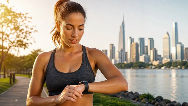 Athletic Woman Checking Fitness Data on Smartwatch During Outdoor Morning Run