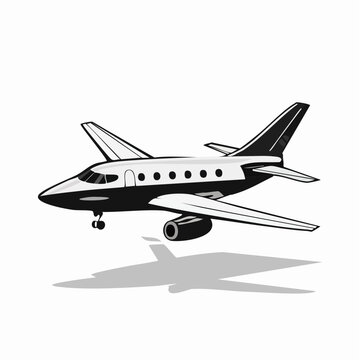Black and White Private jet flying in the sky vector illustration isolated on white background.