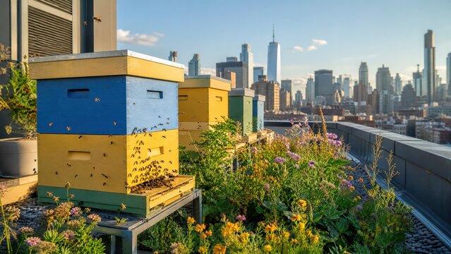Rooftop Beehive Installation with City Skyline Background and Flowering Garden