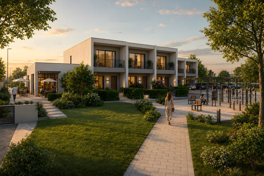 Modern residential complex at golden hour sunset