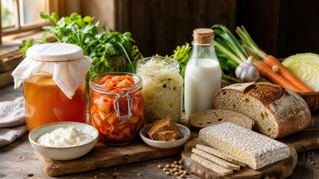 Artisan Fermented Foods Collection with Kombucha Kimchi Sourdough and Kefir