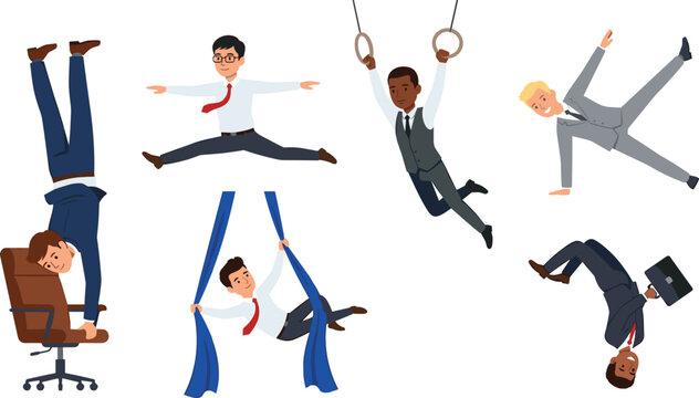 Diverse Male Businessmen Acrobat Vector Character Set Performing Gymnastic Stunts and Office Chair Handstands to Represent Corporate Flexibility Concept
