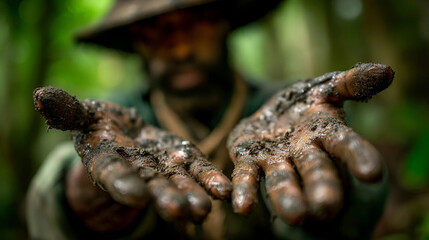 Fototapeta premium Farmer showing muddy hands covered in rich fertile dark soil in tropical forest with tropical