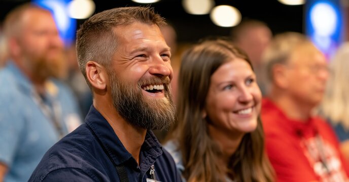 Businesspeople laugh together at a trade show, capturing a warm first impression, relaxed mood, and natural human connection.