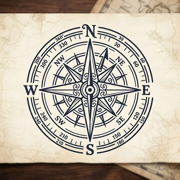 Antique compass rose nautical navigation tool vintage map showing cardinal directions north south east west wind rose detailed intricate design exploration adventure.