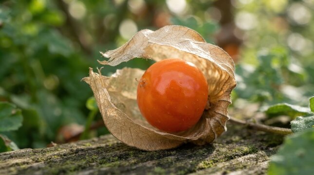 Close-up of a ripe Physalis fruit encased in its papery husk, resting on a mossy log.