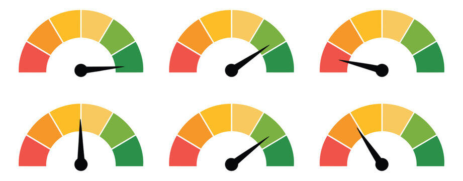 Speedometer Gauge icon set, performance meter scale symbols, speed dial dashboard indicators, measurement level UI design, acceleration tracking and automotive instrument vector illustration.