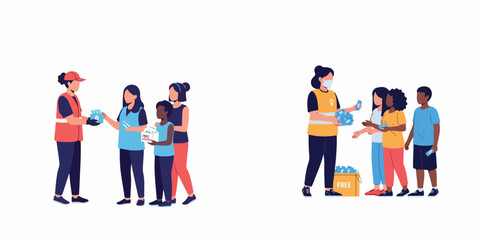 Fototapeta premium Flat vector illustration of volunteers distributing free protective face masks to a group of people and children in need