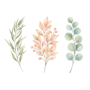 Watercolor Style Botanical Branch Collection Design transparent background