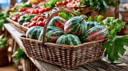 Fototapeta premium Fresh green and orange striped squash in woven basket at outdoor farmers market