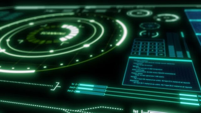 A sci-fi military-style analysis radar HUD screen with perspective, glowing in blue and green