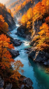 Fast blue river flows through narrow mountain canyon. Golden yellow autumn trees grow on rocky cliff sides. Sunlight illuminates colorful forest foliage above cold water stream. Wild nature scenery