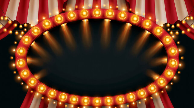 Vintage circus marquee frame with bright incandescent bulbs and red curtains.