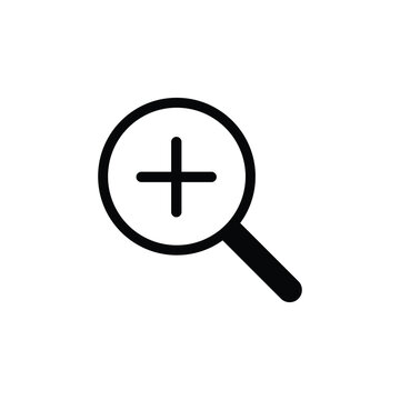 Magnifying glass with plus symbol vector icon representing zoom in functionality for viewer or map interface tools on clean white background