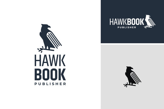 Predator Bird like Eagle hawk Falcon Silhouette with Book as Wings for Publisher or Library Logo Design