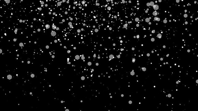 Soft glowing snow falling on black background seamless winter stock video background