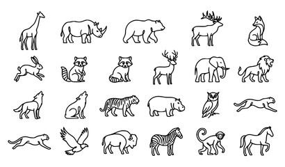 Wild Animal Outline Icons Collection Safari Wildlife Mammals Birds Vector Illustration Set © SobujChandra