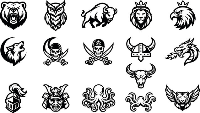 Animals and Symbols Collection Featuring Bears, Owls, Buffaloes, Lions, Eagles, Wolves, Pirates, Vikings, Dragons, Bulls, Knights