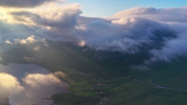 Errigal Mountain Covered in Clouds Above Dunlewey at Sunset, County Donegal, Ireland