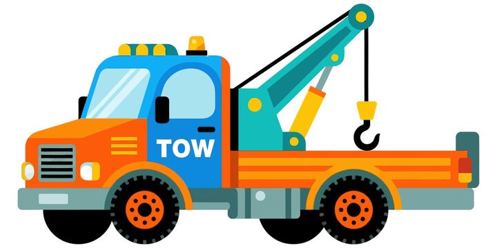 Colorful tow truck wrecker vehicle with crane isolated on transparent background