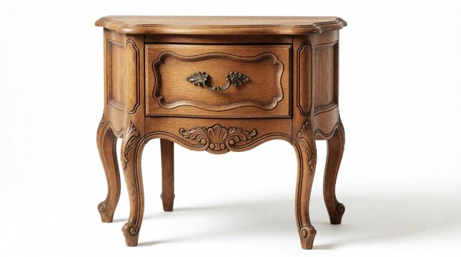 Antique carved wooden nightstand with ornate drawer and metal handle. Elegant French style bedside table isolated on white background. Classic furnishing.