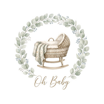 Watercolor Baby Rocking Cradle With Floral Wreath Design transparent background