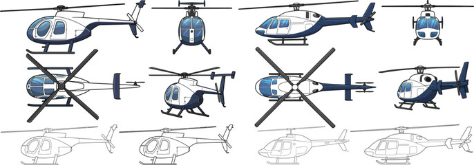 Helicopter vector illustration set, modern helicopter in top, side, front and rear views. Technical aircraft drawing for aviation, engineering, transportation and emergency service design © ProPixel Studio