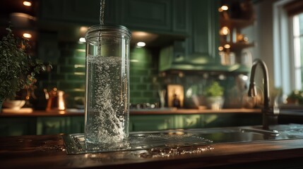 Obraz premium Clear water filling transparent glass standing on kitchen sink wooden countertop
